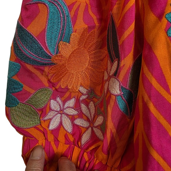 BiBi Women's Floral Embroidered Blouse Top Small Pink Orange Puff Sleeve - Picture 4 of 13